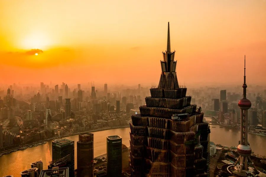 Shanghai Sunset Jim Mao Tower — photograph by José Luis Vílchez